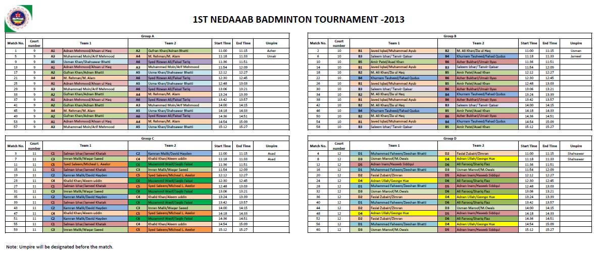 NEDAAAB Badminton Tournament 2013 Schedule 